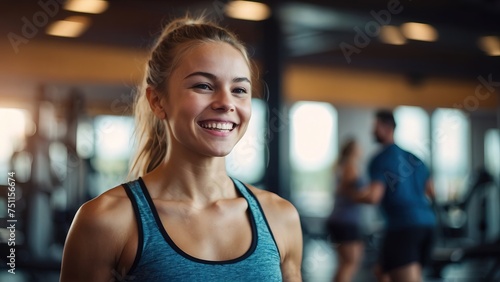 Happy woman working out at gym, fitness girl