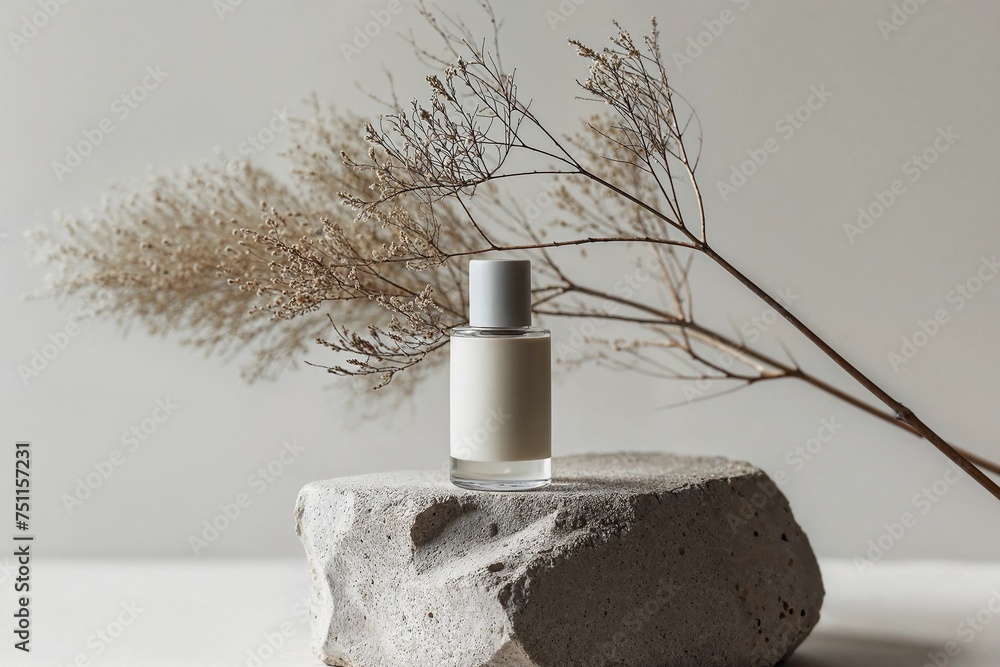 A white perfume bottle with space for text is positioned on a natural stone podium, next to an elegant dry twig. The scene emphasizes the naturalness of the product. - obrazy, fototapety, plakaty 