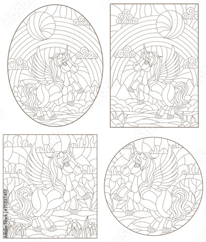 Set of contour illustrations of stained glass Windows with cartoon unicorns on the background of landscapes and sky, dark contours on a white background