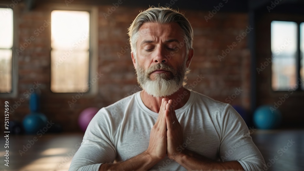 White Man practicing deep breathing exercises
