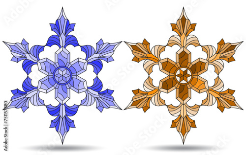 Set of illustrations in stained glass style with a openwork snowflakes, isolated on a white background, tone blue and brown