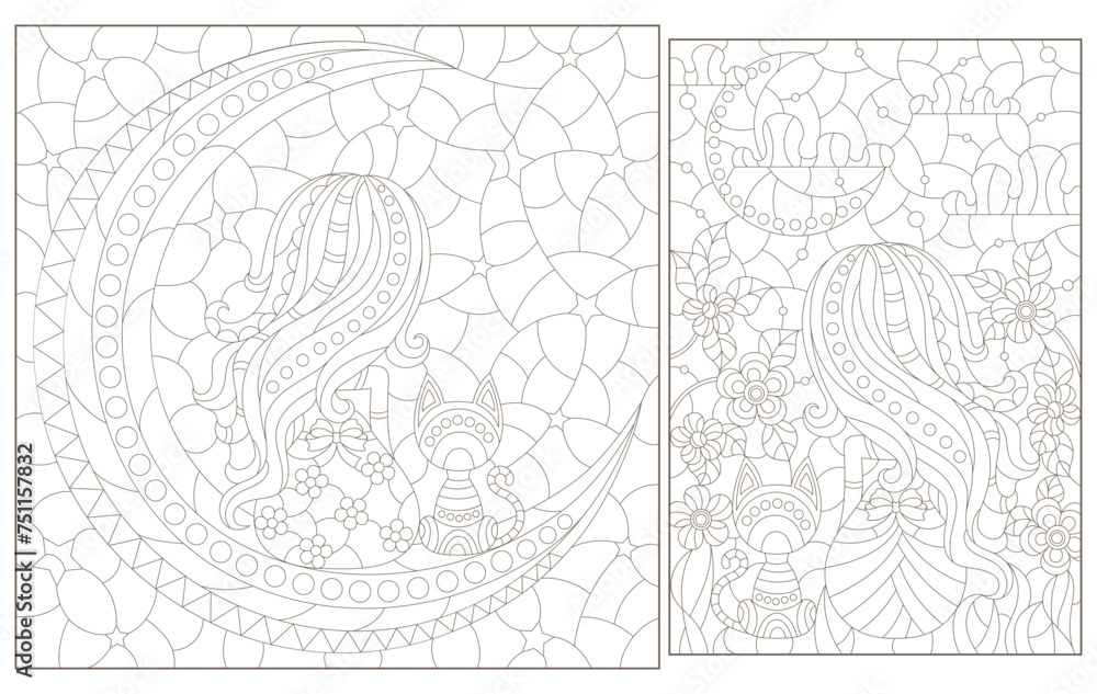 A set of contour illustrations in the style of stained glass with a girl, a cat and the moon, dark contours on a white background