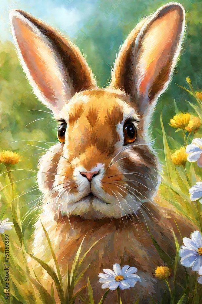 Fototapeta premium A cute small bunny staring back from the grassy landscape.