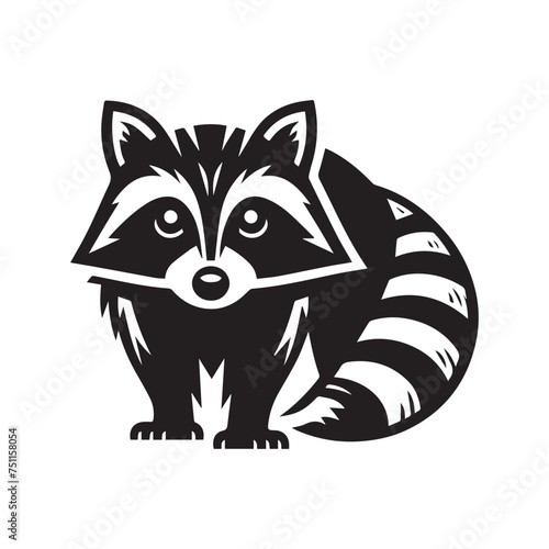 Silhouette and icon  of cunning raccoon isolated on white background