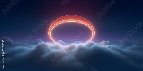 Glowing circle in the clouds, neon lights. Futuristic horizon background with circle shape. The ring is glowing and appears to be floating in the air. photo