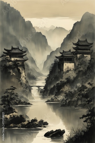 a Watercolor landscape of mountains in China. Created using Generative AI technology.