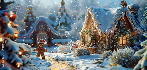 Snow-kissed landscape featuring a gingerbread man carrying a gingerbread house, their sugary textures glowing in exquisite high-definition realism. © Muhammad