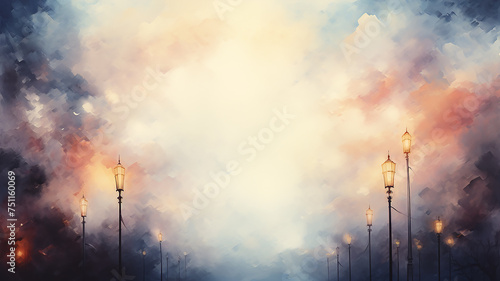 Sky and street lights along the road, watercolor background postcard with copy space