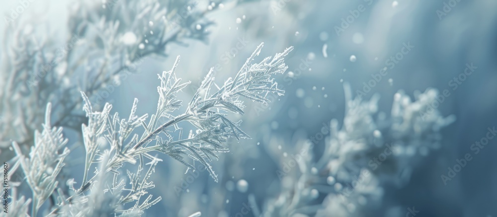 A close-up view of a dill plant covered in a layer of snow, resembling an icy blossom in the midst of winter. The snow delicately blankets the plants leaves, creating a stark contrast between the A close-up view of a dill plant covered in a layer of snow, resembling an icy blossom in the midst of winter. The snow delicately blankets the plants leaves, creating a stark contrast between the