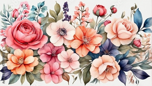 floral art background, Botanical watercolor hand drawn flowers photo