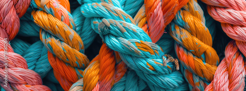 Colorful ropes tied toghether, concept of teamwork photo