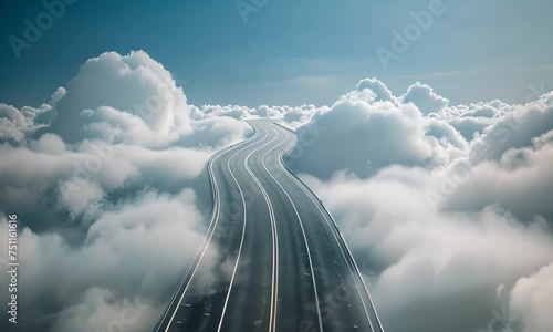 Winding road through clouds. The concept of journey and possibilities.