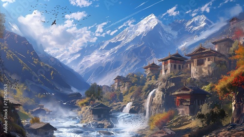 An HD snapshot capturing the dynamic synergy of streams cascading down mountains  weaving through villages  with the delightful presence of beautiful birds dancing in the sky.