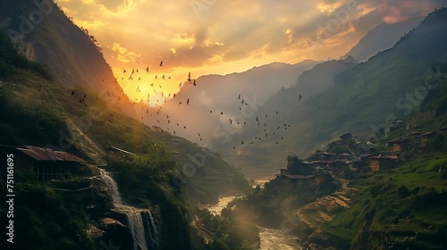 An HD snapshot capturing the dynamic synergy of streams cascading down mountains, weaving through villages, with the delightful presence of beautiful birds dancing in the sky.