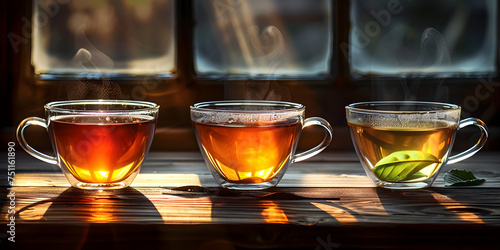 ''Glass cup with tea and tea bag close up ,single transparent cup of hot antioxidant herbal brown tea .''