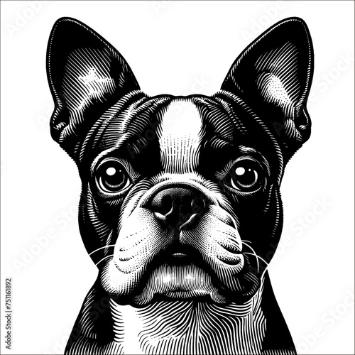 Boston Terrier portrait. Hand Drawn Pen and Ink. Vector Isolated in White. Engraving vintage style illustration for print, tattoo, t-shirt, sticker	