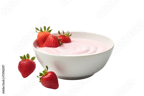 Bowl of Yogurt With Three Strawberries. A white ceramic bowl filled with creamy yogurt, adorned with three vibrant red strawberries on top. Isolated on a Transparent Background PNG.