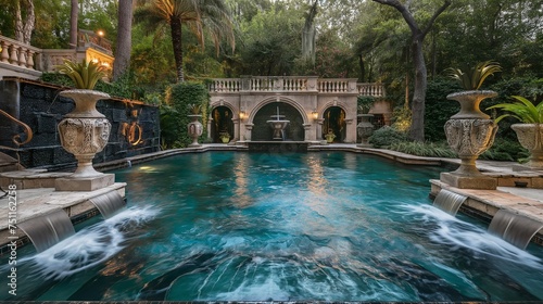 An opulent retreat captured in HD, a lavish pool boasting intricate water features and surrounded by decadent landscaping