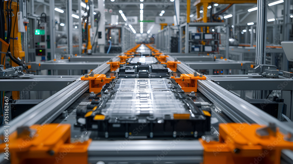 Mass production assembly line of electric vehicle battery cells. generative ai