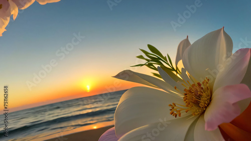 white flower on the beach at sunset