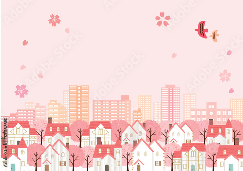 春の街並み　背景イラスト
