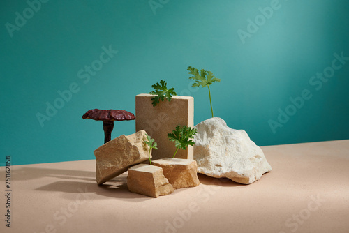 Abstract podium for organic cosmetic products. Natural style.