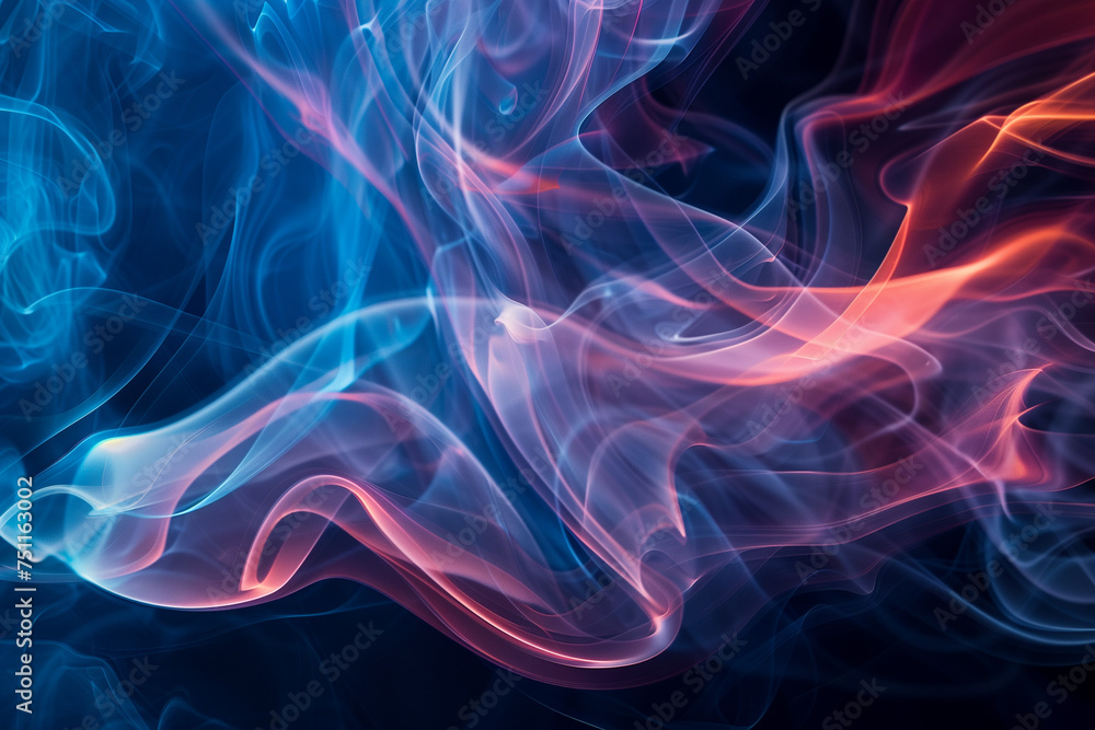Colorful smoke patterns with blue and pink shades on a dark background, abstract art