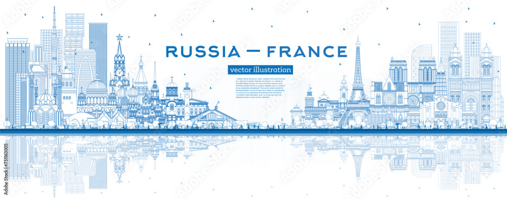 Outline Russia and France skyline with blue buildings and reflections. Famous landmarks. France and Russia concept. Diplomatic relations between countries.