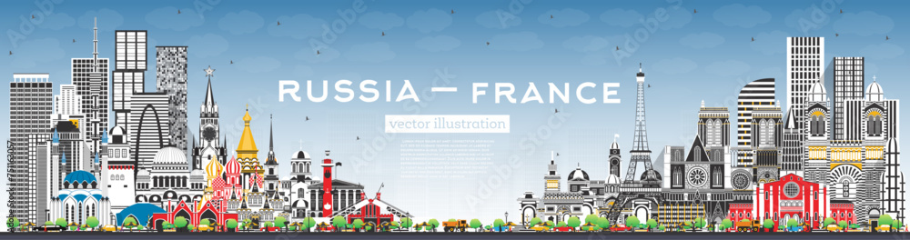 Russia and France skyline with gray buildings and blue sky. Famous landmarks. France and Russia concept. Diplomatic relations between countries.