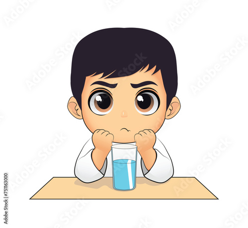 Arabic Muslim child waits for the call to Maghrib prayer in the month of Ramadan to drink a cup of water