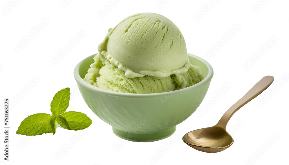 Green ice cream in a bowl with spoon. Isolated on transparent background Green ice cream in a bowl with spoon. Isolated on transparent background