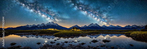 Marvel of a starry night sky in a remote location, with a silhouette of a distant mountain photo