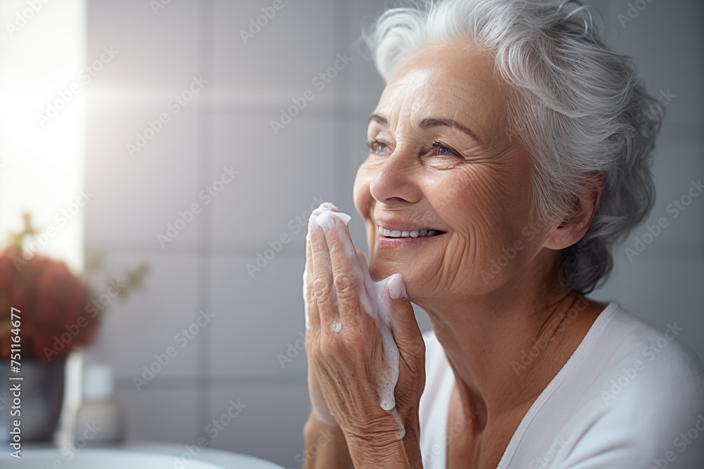 portrait of a caucasian elderly woman washing face at home portrait of a caucasian elderly woman washing face at home