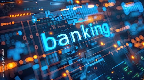 Futuristic digital banking concept with blue neon lights.
