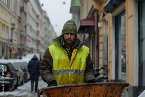 Male in a yellow vest. Man with wheelbarrow.