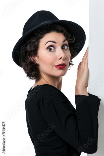 Retro portrait with a woman of the 60s isolated from the background with copy space for text photo