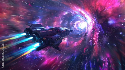 Spaceship entering a colorful wormhole, creating a mesmerizing visual effect