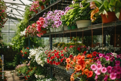 Flowers and potted plants in a greenhouse.