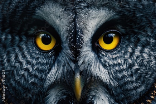 Eyes of a great grey owl or lapland owl (Strix nebulosa) on the black background. © kardaska
