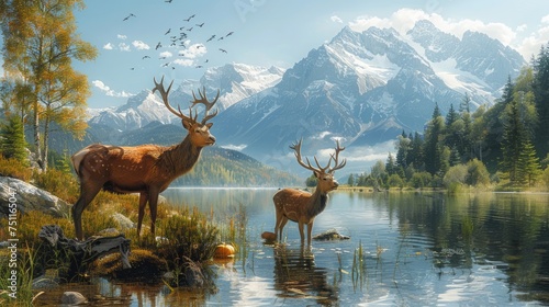 Two Deer Standing in Mountain Lake