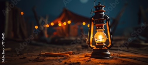 A traditional kerosene lamp, known as pelita, is gently illuminating the dark wooden floor. Soft focus and grain add a warm, nostalgic feel to the image. photo