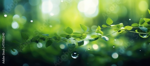 A detailed view of a plant with water droplets resting on its leaves, illuminated by gorgeous green bokeh in the background. The droplets glisten under the light, enhancing the beauty of the plant in