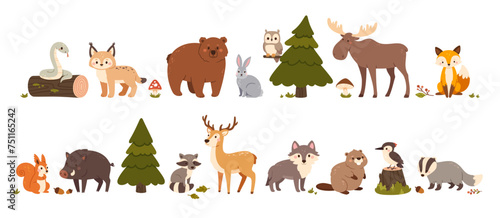 Cute woodland animals. Forest beasts bear, hare and fox, elk and squirrel, wild boar and deer, wolf and snake, badger and raccoon, beaver. Vector set