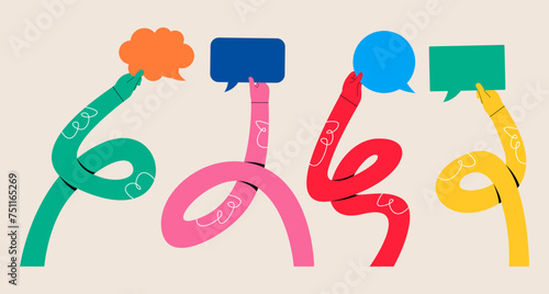 Set of funny long hand holding a speech bubble. Colorful vector illustration
