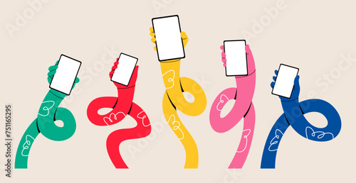 Set of funny long hand holding a telephone. Colorful vector illustration