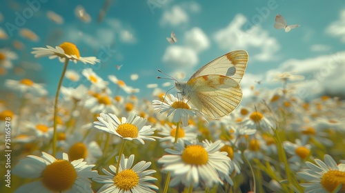 Butterfly Flying Over a Field of Daisies