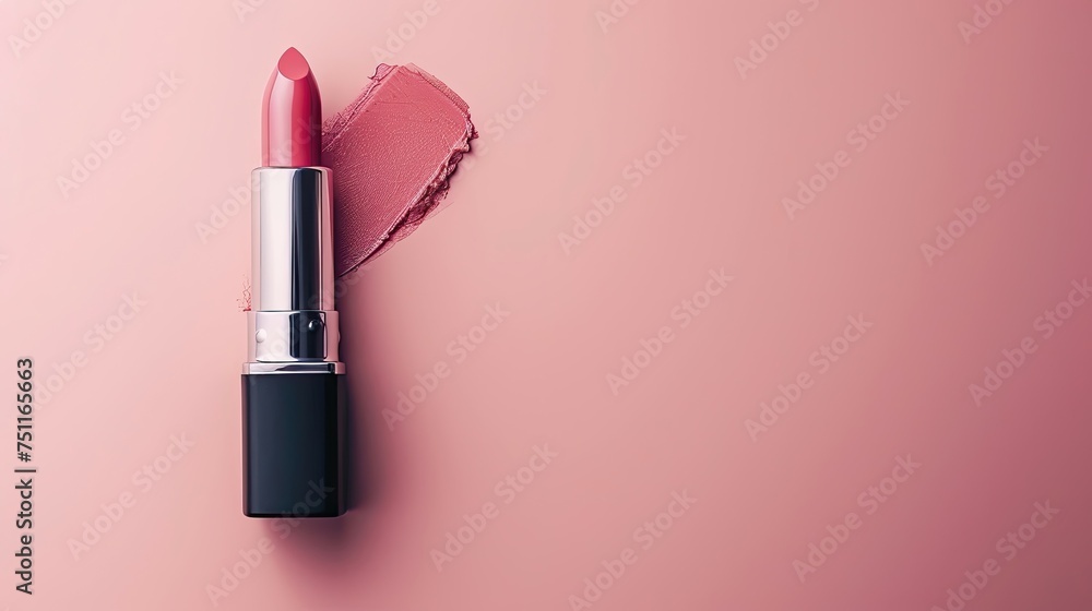 Pink lipstick with a swatch on a matching background. Pink lipstick with a swatch on a matching background.