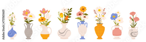Flowers in vases. Cartoon flower bouquet in ceramic vase and glass bottle. Natural plants and decor in interiors. Celebrating flowering bouquet. Vector collection photo