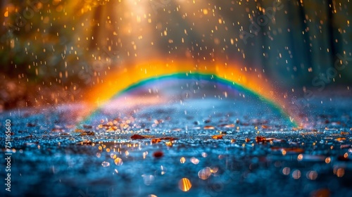 Bright Rainbow Shining in Rain