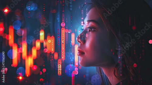 Woman's profile against digital stock market data, modern concept.